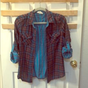 Turquoise/Pink/Black Plaid vintage look Button up
